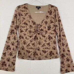 Self Esteem Large Brown Tan Floral Flare Sleeve Ruched Front Y2K Inspired Blouse
